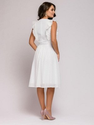 Платье белое длины миди с вышивкой и воланами на плечах