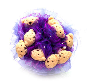 1028 арт. Букет из мягких игрушек - фиолетовый с бурыми мишками