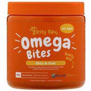 Zesty Paws, Omega Bites, добавка для собак, для здоровья кожи и шерсти животных, с ароматизатором «Бекон», 90 мягких жевательных