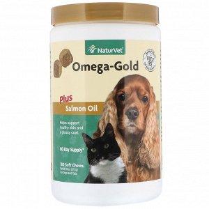 NaturVet, Omega-Gold с жиром лосося, добавка для собак и котов, улучшение состояния кожи и шерсти, 180 мягких жевательных таблет