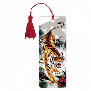 Закладка для книг 3D BRAUBERG, объемная, "Бенгальский тигр", с декоративным шнурком-завязкой, 125755