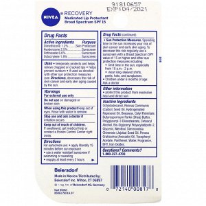 Nivea, Recovery, Medicated Lip Protectant & Sunscreen, SPF 15, 0.17 oz (4.8 g)
