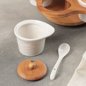 Набор банок керамических для сыпучих продуктов с ложками на деревянной подставке «Эстет», 5 предметов: 100 мл, цвет белый