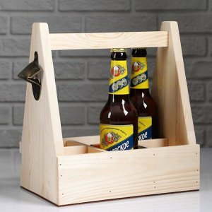 Ящик для пива 27x18x30 см с открывашкой, под 6 бутылок, деревянный