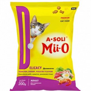 A-SOLI Mii-O для кошек Премиум "Деликатес" Океаническая рыба, креветка, домашняя птица 0,2кг *35