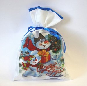 Новогодний мешок для конфет и подарков 30х40 см. Снеговик и ёлка