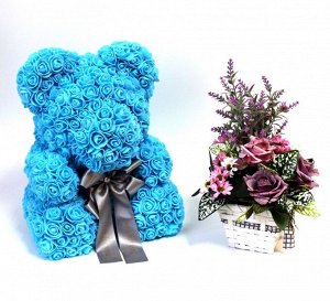 Мишка ручной работы из сотен роз с ленточкой большой голубой Оригинал в коробке