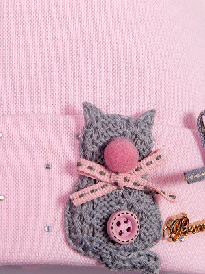 Шапка трикотажная формы лопата для девочки на отвороте стразы и серый котик с бантиком, розовый