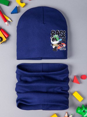 Шапка трикотажная для мальчика формы лопата, мишка в кепке + снуд, темно-синий