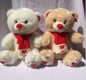 Мягкая игрушка Медведь с красным шарфом (сердечки на лапах) 30см, цв. в ассорт.