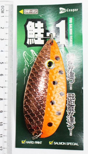 Блесна-колебалка Fish Leaque-1 (28гр, оранжево-золотая половина, черные точки, блестки, глаз)