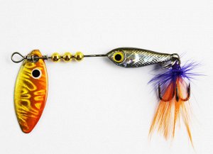 Блесна-вертушка №1 JpF (8гр, рыбка, лепесток черно-желто-оранжевый голография, перо фиолетово-оранжевое)
