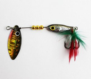 Блесна-вертушка №12 JpF (8гр, рыбка, лепесток черно-желто-красный голография, перо красно-зеленое)
