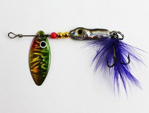 Блесна-вертушка №14 JpF (8гр, рыбка, лепесток зелено-желтый голография, перо фиолетовое)