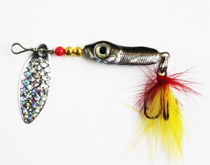 Блесна-вертушка №31 JpF (12гр, рыбка, лепесток серебристый, чешуя голография, перо красно-желтое)