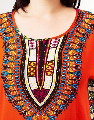 Платье с этническими узорами на декольте оранжевое, 378