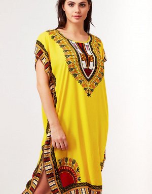 Платье с этническими узорами на декольте жёлтое, 378