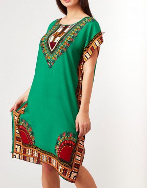 Платье с этническими узорами на декольте зелёное, 378