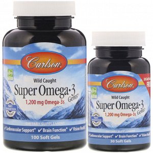 Carlson Labs, Выловлено в диких условиях, Супер жемчужины с Омега-3, 1 200 мг, 100 + 30 мягких таблеток