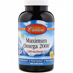 Carlson Labs, Maximum Omega 2000, натуральный лимон, 2000 мг, 180 мягких желатиновых капсул