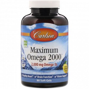 Carlson Labs, Максимум Омега 2000, Натуральный вкус лимона, 2 000 мг, 90 мягких таблетки