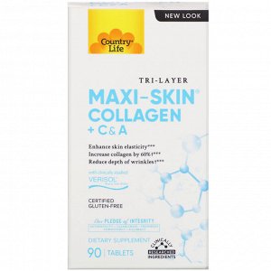 Country Life, Tri Layer Maxi-Skin Collagen + C&amp - A, 90 таблеток