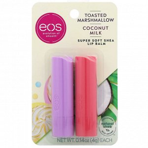 EOS, супер смягчающий бальзам для губ с маслом ши, жареный зефир и кокосовое молоко, 2 шт. в упаковке, 4 г (0,14 унции) каждый