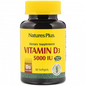 Nature&#x27 - s Plus, Витамин D3, 5000 МЕ, 60 мягких желатиновых капсул