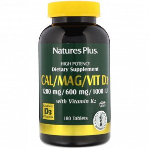 Nature&#x27 - s Plus, Кальций, магний и витамин D3, с витамином K2, 180 таблеток