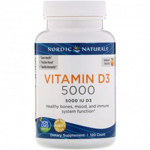 Nordic Naturals, Витамин D3 5000, со вкусом апельсина, 5000 МЕ, 120 мягких желатиновых капсул