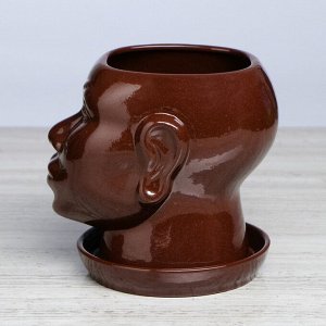 Кашпо "Голова африканки", глазурь, коричневое, керамика, 1.4 л