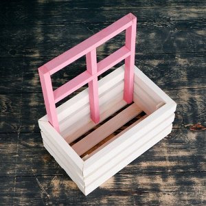 Кашпо деревянное 25x18x30 см "Букет под окном", с ручкой, белый розовый