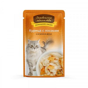 Деревенские лакомства влажный корм для кошек Курица + Лосось в желе 70гр пауч