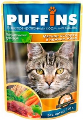 Puffins влажный корм для кошек Мясное ассорти в нежном желе 100гр пауч