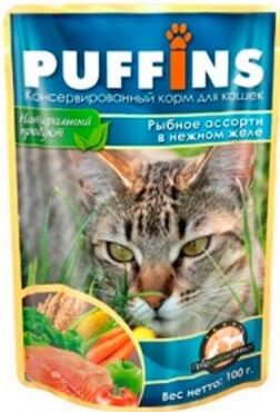 Puffins влажный корм для кошек Рыбное ассорти в нежном желе 100гр пауч