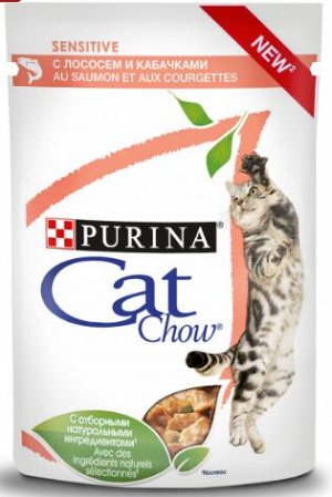 Cat Chow влажный корм для кошек Лосось+кабачки в соусе с чувствительным пищеварением для кошек 85гр пауч