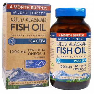 Wiley&#x27 - s Finest, Рыбий жир из дикой рыбы с Аляски, максимум ЭПК, 1250 мг, 120 мягких капсул из рыбного желатина
