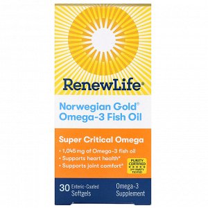 Renew Life, Norwegian Gold Omega-3 Fish Oil, 1,045 mg, 30 Enteric-Coated Softgels