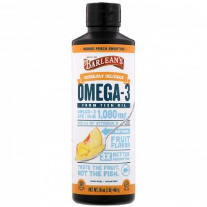 Barlean&#x27 - s, По-настоящему вкусный, Omega-3 Fish Oil (Рыбий жир омега-3), смузи из манго и персика, 454 г (16 унций)
