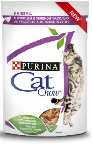 Cat Chow влажный корм для кошек Курица+зеленая фасоль в соусе профилактика комков шерсти для кошек 85гр пауч