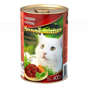 Ночной охотник влажный корм для кошек Говядина+Печень паштет 415 гр консервы