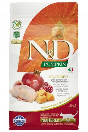 Farmina N&D Grain Free Pumpkin Neutered сухой беззерновой корм для стерилизованных кошек Перепел/Гранат/Тыква 1,5кг АКЦИЯ!