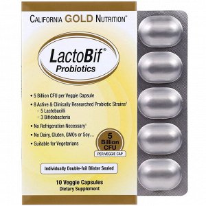 California Gold Nutrition, LactoBif, пробиотики, 5 млрд КОЕ, 10 растительных капсул