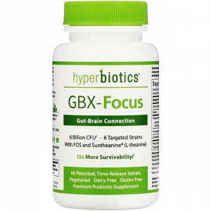 Hyperbiotics, GBX-Focus, Gut-Brain Connection, 6 млрд КОЕ, 60 запатентованных таблеток постепенного высвобождения