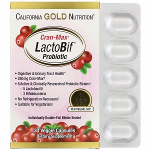 California Gold Nutrition, Lactobif, Cran-Max, пробиотики, 25 млрд КОЕ, 30 растительных капсул