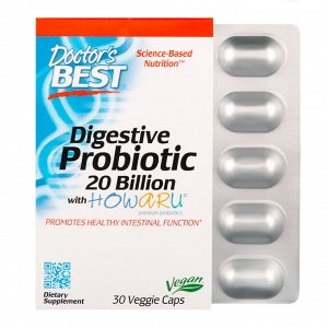 Doctor&#x27 - s Best, Пищеварительный пробиотик с Howaru, 20 млрд КОЕ, 30 растительных капсул