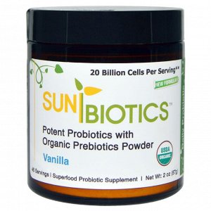 Sunbiotics, Organic, высокоэффективные пробиотики с органическими пребиотиками в порошке, ваниль, 2 унции (57 г)