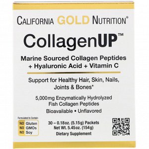 California Gold Nutrition, CollagenUP, морской гидролизованный коллаген с гиалуроновой кислотой и витамином С, без запаха, 30 па