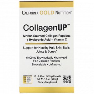 California Gold Nutrition, CollagenUP, морской гидролизованный коллаген с гиалуроновой кислотой и витамином С, без запаха, 10 па