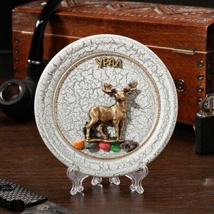 Тарелка сувенирная "Олень", керамика, гипс, минералы, d=11 см